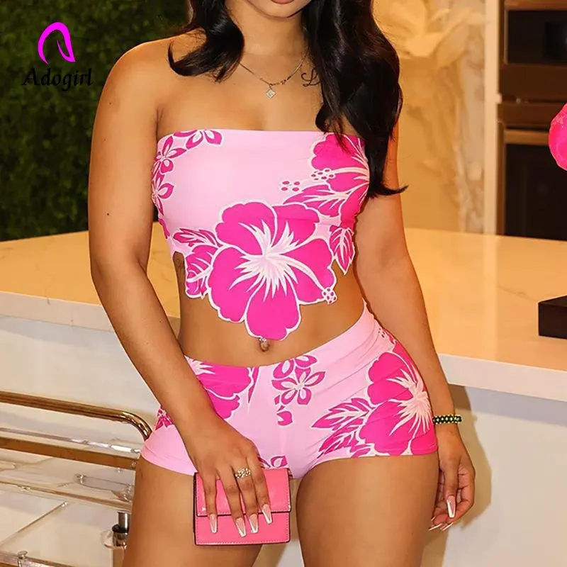 

Asymmetrical Floral Print Two Piece Set Women Summer Tracksuits Strapless Crop Top Elastic Waist Shorts Matching Outfits Suit
