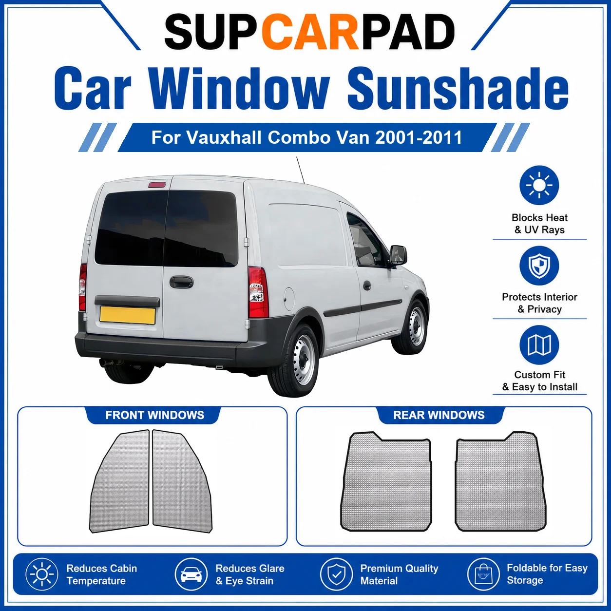 Фото Для Vauxhall - Vauxhall Combo Van 2001-2011: Полный комплект солнцезащитных шторок для окон автомобиля, блокирующих УФ-излучение, обеспечивающих конфиденциальность, теплоизоляцию, складные автомобильные шторки №1