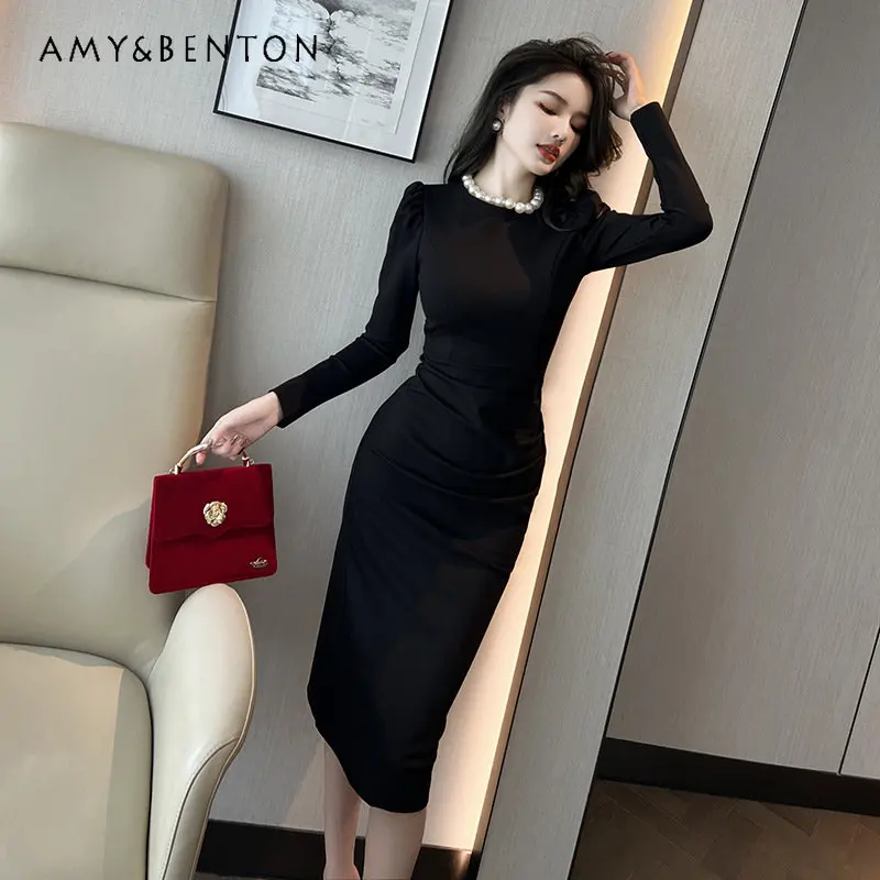 2023 Spring Autumn New Women's French Hepburn Style Black Dress Elegant Pearl Round Neck Dress Slim Mid-length Dress