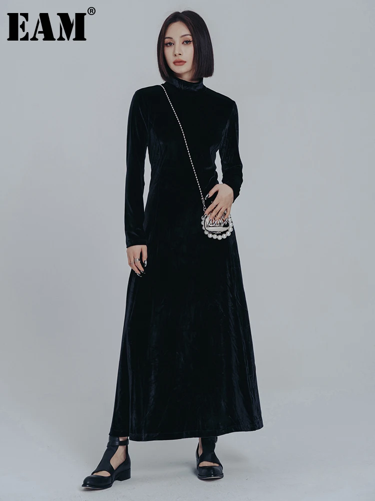 [EAM] Women Black Elegant Long Big Size Velvet Dress New Turtleneck Long Sleeve Loose Fit Fashion Spring Autumn 2023 1DE8081