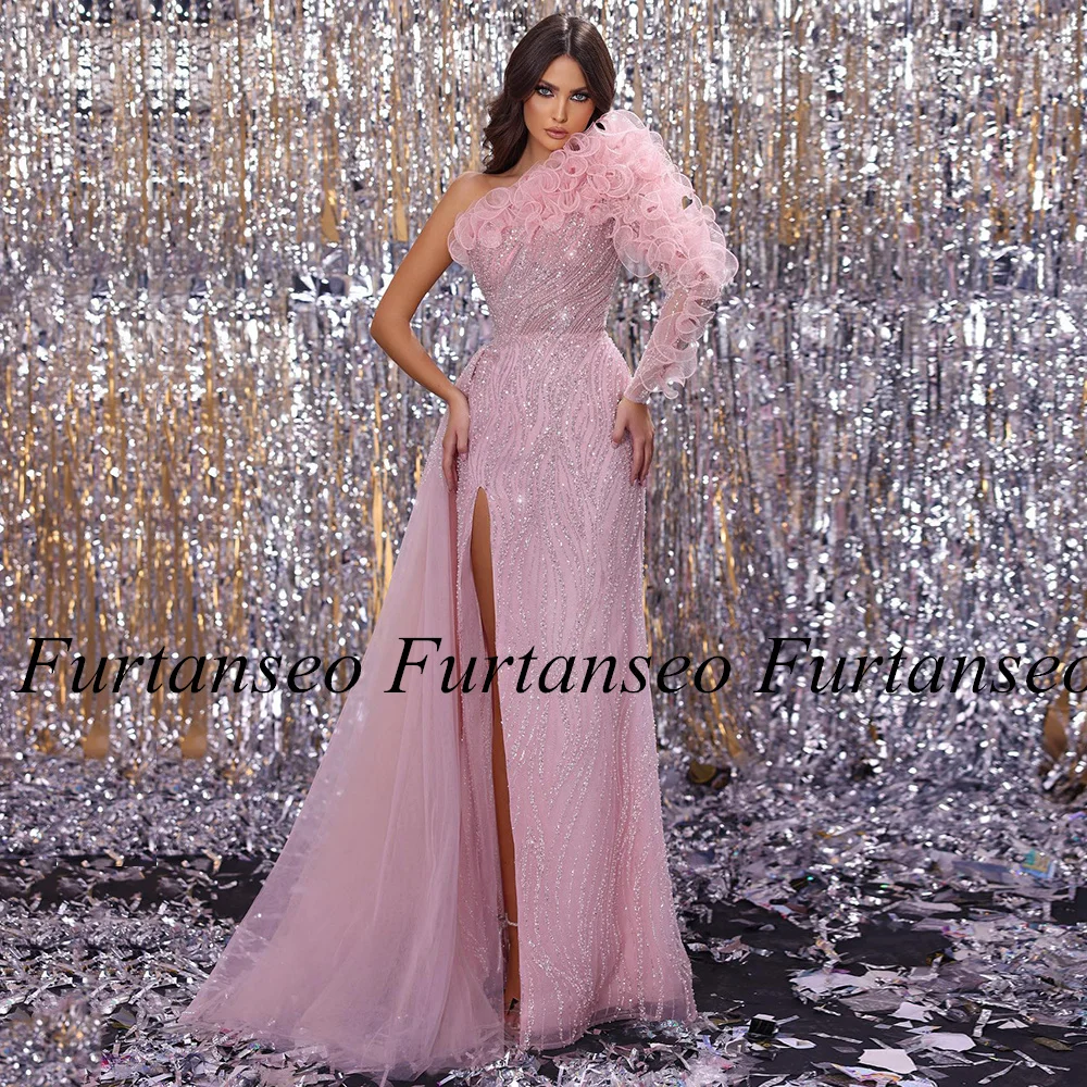 

Роскошное вечернее платье с одним открытым плечом, оборками, цветами, бисером, блестками, розовая ночная одежда, вечерние платья, бальное платье на выпускной