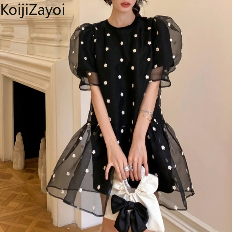 

Koijizayoi Vintage Women Mesh Midi Dress Puff Short Sleeves O Neck Embroidery Flower Dresses Female 2022 All Match Vestidos New
