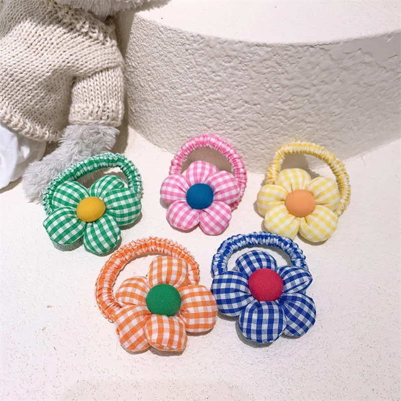 

New Sweet Girl Cute Colorful Plaid Fabric Cotton Filling Flower Hair Rope Fashion Korean Children's Ponytail Hair Accessories