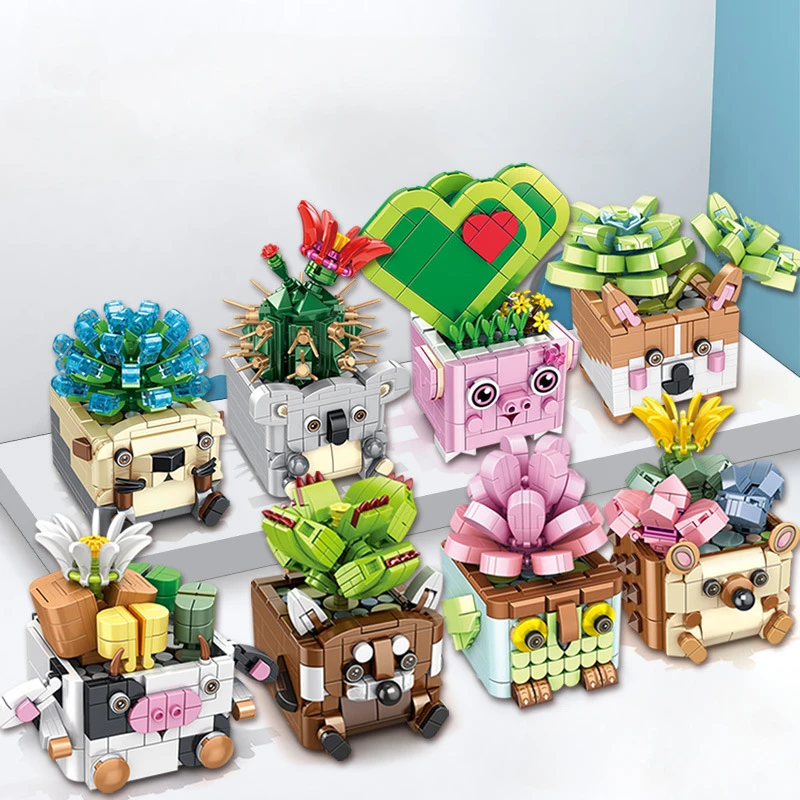

Mini Succulent Pot Cartoon Simulation Flower Assembling Small Particle Building Blocks Flower Bonsai Toy Girl Gift