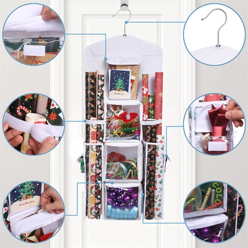 

Подвесной органайзер для хранения упаковочной бумаги, двусторонний органайзер для подарочной упаковки, с несколькими карманами