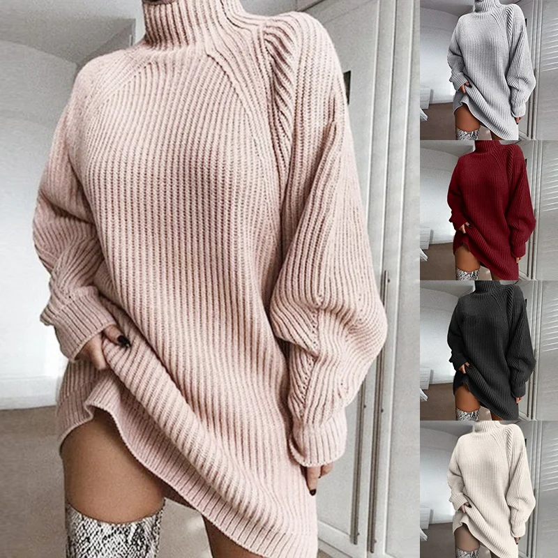 

Turtleneck Long Sleeve Sweater Dress Women Loose Tunic Knitted Casual Clothes Solid Dresses