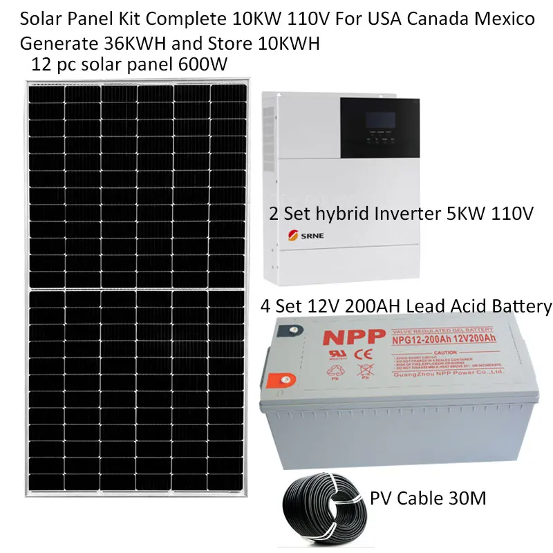 Solar Panel Kit Complete For Home 10000 w 10K 220V 110V Glass PV Panel 400W Hybrid Inverter Lead Acid Battery Off Grid System