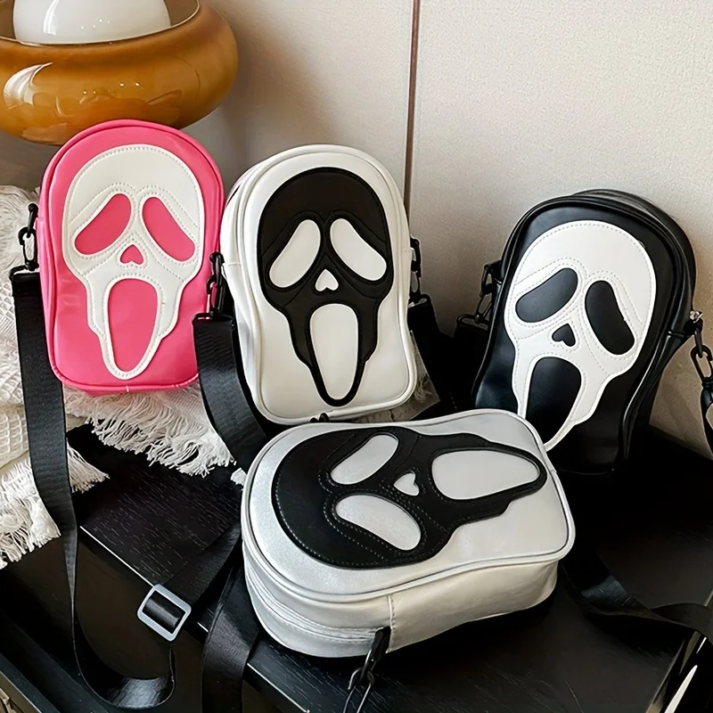 

Ghost Skull Pattern Shoulder Bag Punk Hiphop Trendy Horror White Ghost Black Skull Women Men Shoulder Bag Cross Body Messenger