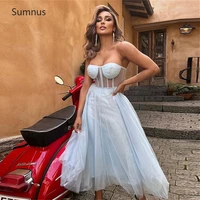 sumnus baby blue prom dresses 2022 tulle strapless illusion tea length a line robes de soiree special occasion party dresses