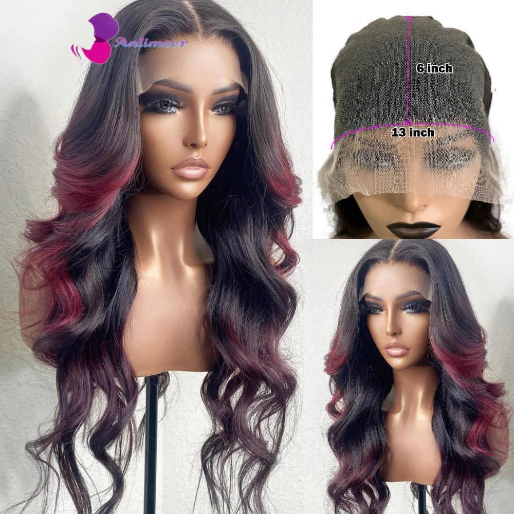 

HIghlight Burgundy Balayage Human hair Wig Pre Plucked Bleached Knots Lace Front Wig with Baby Hair Long Wig for Black Women