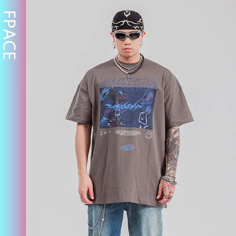 

Men's Clothing Vintage Distressed Print Oversize Loose Ins Super Popular Men and Women Couple T-shirt Fashion