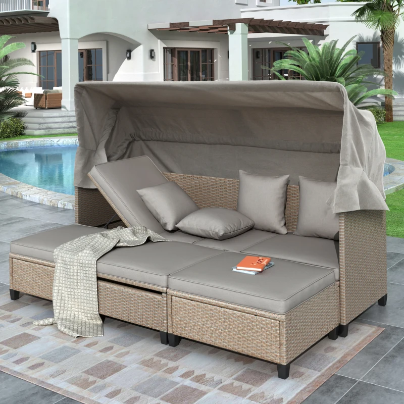 

UV-Proof Resin Wicker Patio Sofa Set With Retractable Canopy, Cushions And Lifting Table, Brown Outdoor Sectional Couch Terrasse
