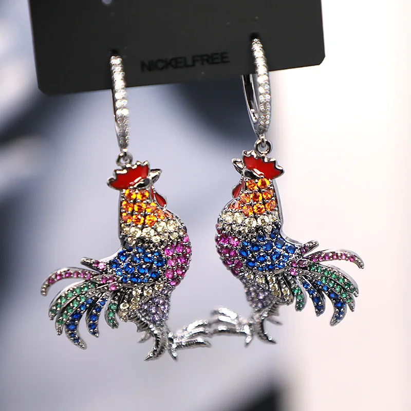 XUYE Fashion Jewelry Cuibic Zirconia Cute Colorful Rooster Dangle Earrings for Women Brand Design Luxury Cock Eardrop