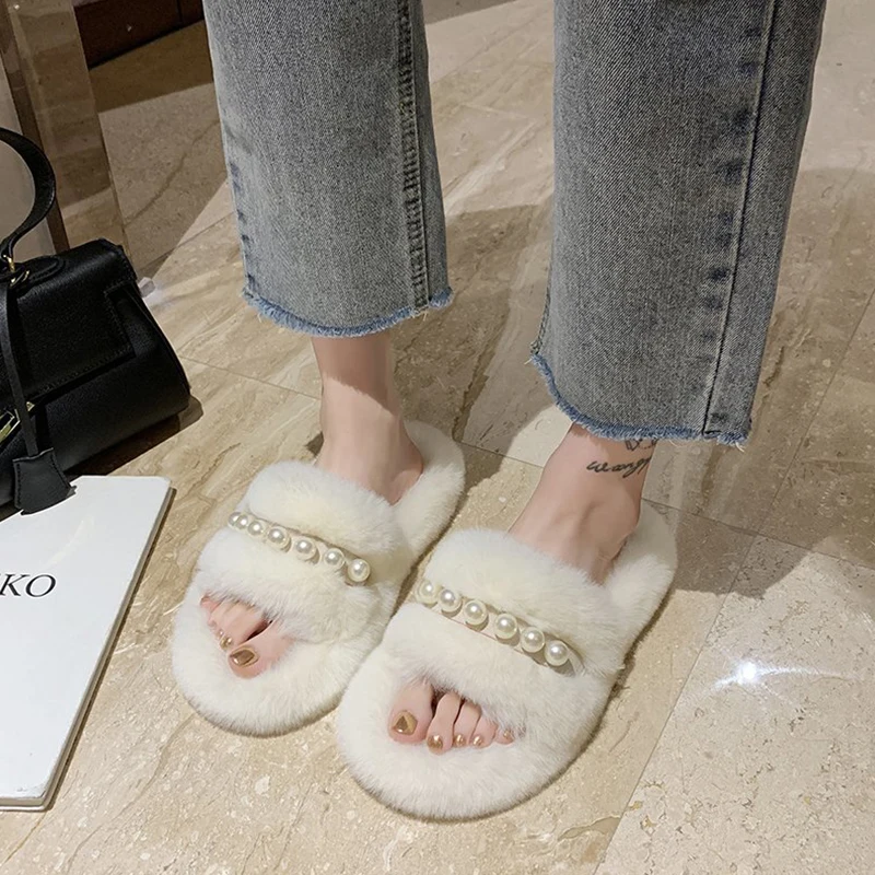 

Shoes Home Slippers Women's Platform Pantofle Luxury Slides String Bead Fur Flip Flops Flock Massage 2022 Designer Plush Flat Au