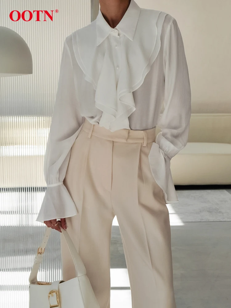 

OOTN Office Lady White Ruffles Blouse Women Fashion Casual Puff Sleeve Shirts 2024 Streetwear Solid Thin Long Tops Woven Spring