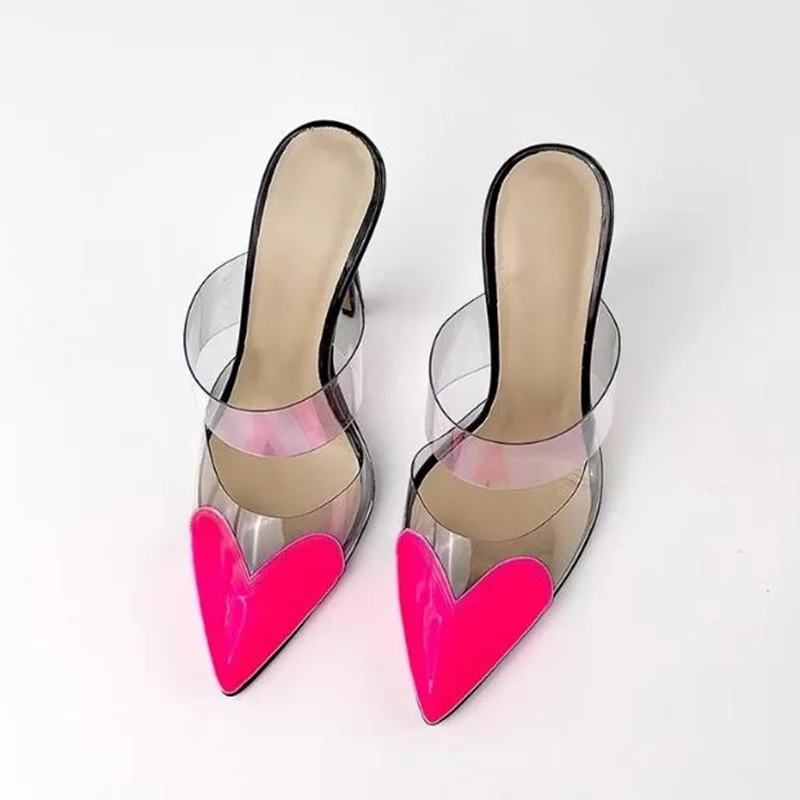 

Transparent PVC Pointed Toe High Heel Mules Slip On Red Pink Green Patent Leather Love Shape Slippers Summer Dress Shoes