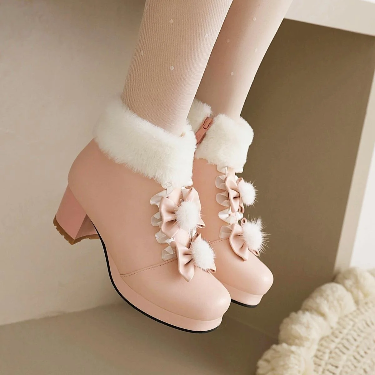 

Japanese Sweet Short Boots Women's New Cosplay Lolita Pink Bow and Plush Warm Plush Snow Boots