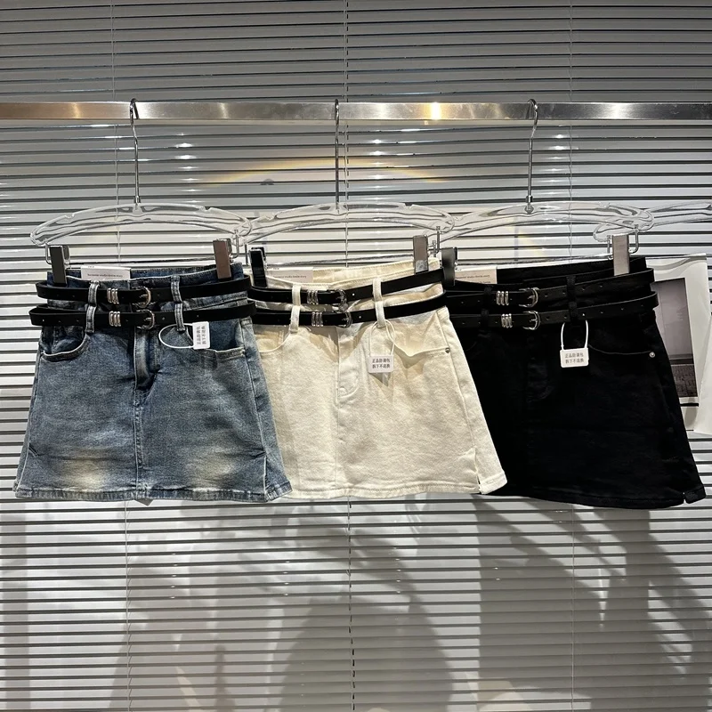 

PREPOMP 2023 Summer New Collection High Waist Double Belts Distressed Slim Short Mini Denim Skirt Women Streetwear GH933