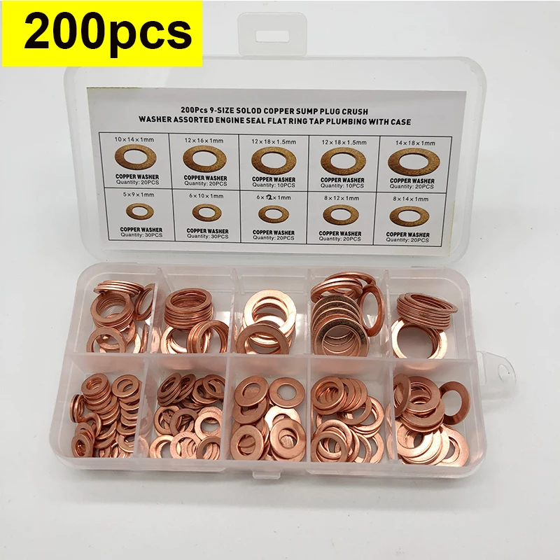 

200PCS/100PCS Gasket Copper Washers Set for M5/M6/M8/M10/M12/M14 Sump Plugs Boat Crush Flat Seal Ring Tool