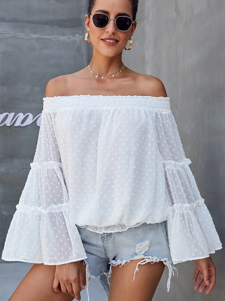 

Slash Neck Top Blouse Woman 2022 Summer New Arrival Long Flare Sleeve Chiffon Shirt Plus Size Fashion Clothes Female Casual Wear