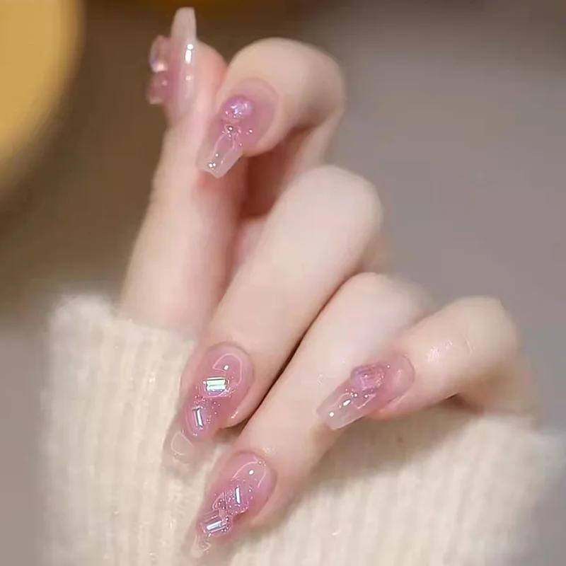 

24pcs/box Fake Nails Press on Reusable with Designs Set French Artificial Aurora Diamond False Tipsy Stick-on Nails Tips Art