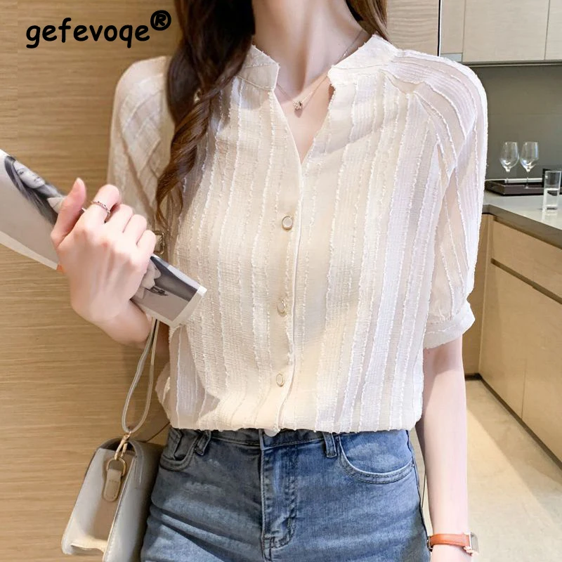 

Summer Fashion V-neck Short Sleeve White Slim Office Lady Commute Shirt Casual Simple Style Blouse Top Women Blusas Clothing2023