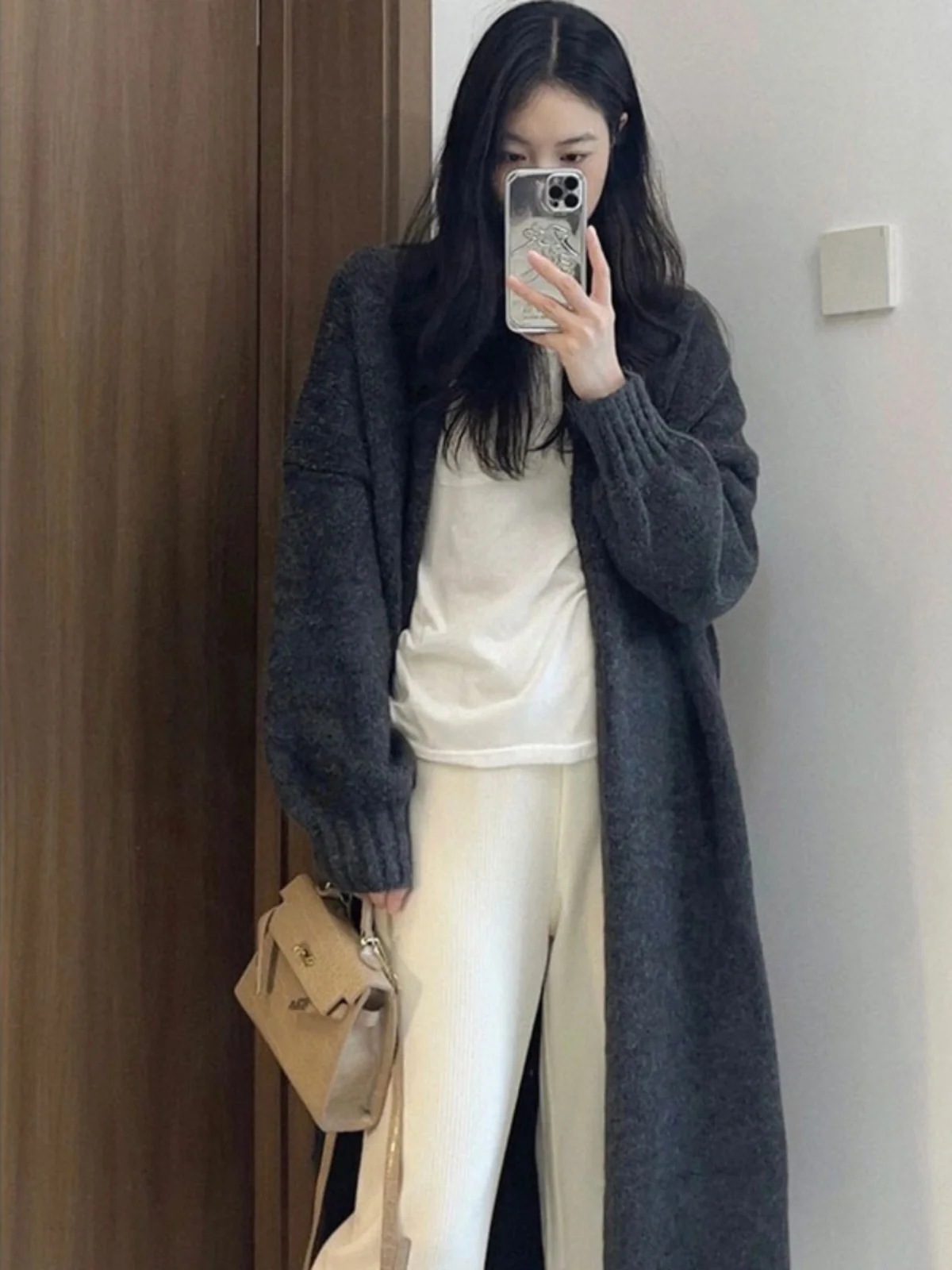 Серая корейская серия Idle Sle Мягкий клейкий свитер средней длины Верхняя одежда