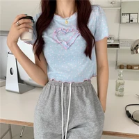 women korean chic polka dot printed slim fit t shirts girlish style cute heart shape short sleeve crop tops female casual tees
