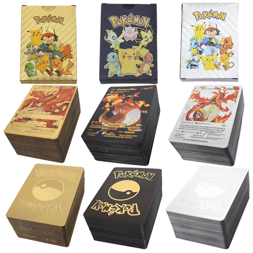 Cartas de Pokémon de Metal, oro, plata, español, Vmax, GX, Charizard, Pikachu, Colección rara, entrenador de batalla, regalo para niños