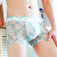 men fashion breathable mesh ultra thin boxer shorts flower printed sexy male panties underwear cueca mid waist boxers underpants