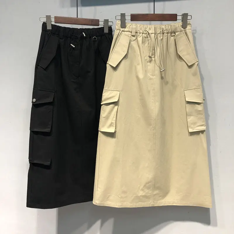 

Elastic Waist Y2k Skirts Cargo Skirts for Women 2023 Spring Summer Drawstring Girls 100% Cotton Full Length Skirt Black