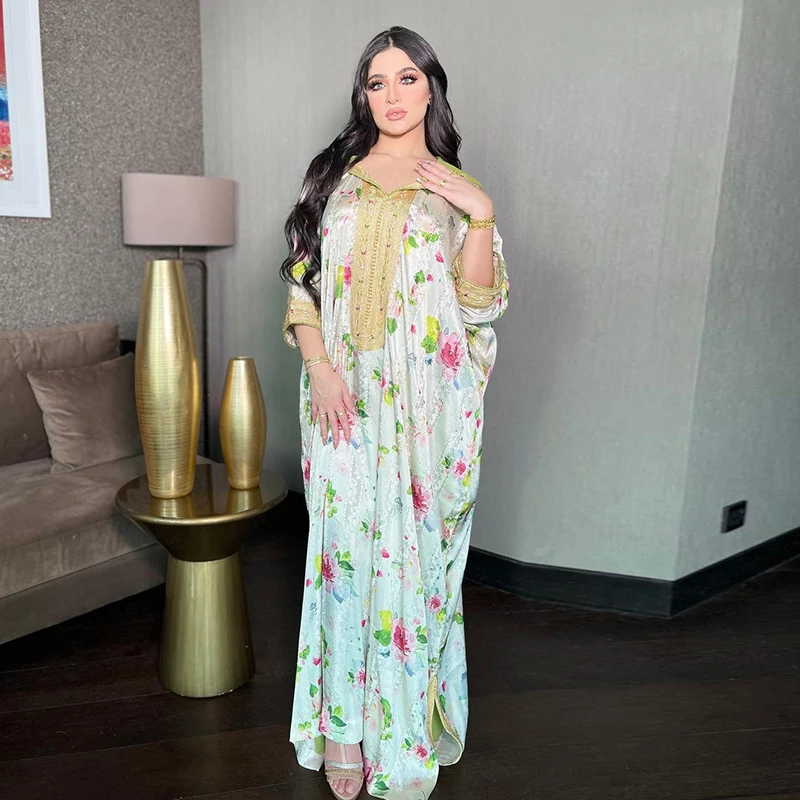 Diamonds Hooded Eid Printed Abayas For Women 2022 Plus Size Abaya Dubai Turkey Islam Arabic Muslim Long Luxurious Evening Dress