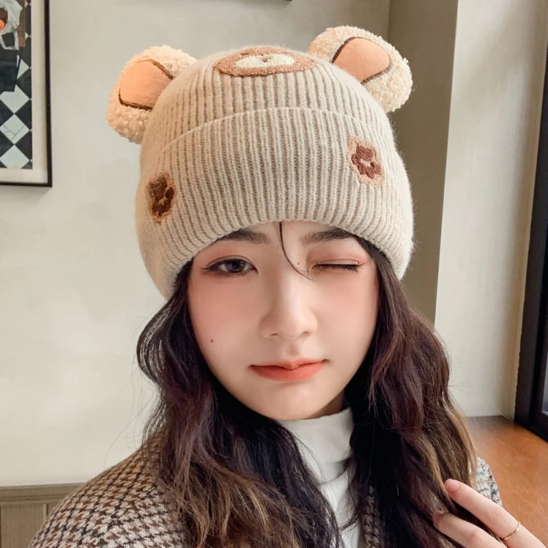 

HT4085 New Women Winter Hat Cute Bear Shaped Skullies Beanies Ladies Thick Warm Animal Beanie Hat Female Knitted Hats for Women