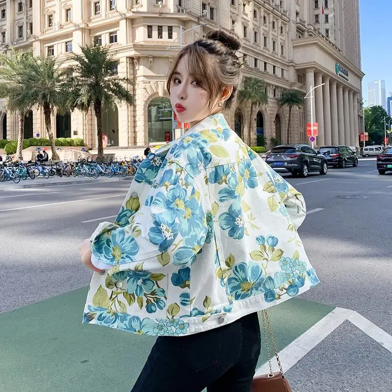 

Women 2022 Spring Autumn New Fashion Jean Jacket Female Oversized Jeans Denim Coat Long Sleeve Casual Loose Print Jackets S61