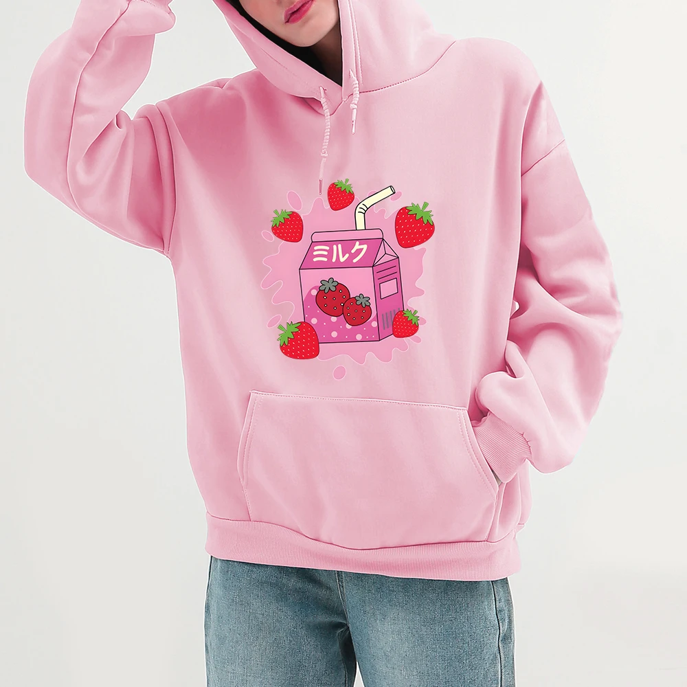 

Girls Pink Hoodie Strawberry Milk Kawaii Graphic Sweatshirts Aesthetic Printed Women/Men Hooded Tops Oversized Long Sleeve Hoody