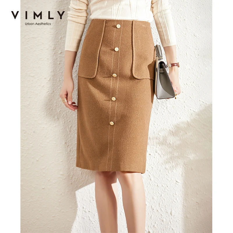 

Зимняя Теплая юбка Vimly для женщин, модные прямые однотонные юбки с высокой талией, на пуговицах, с карманами, офисные женские элегантные юбки...