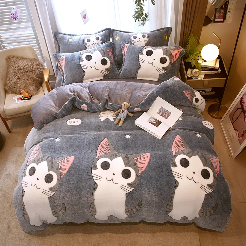 

150/180/200CM Lovely Cats Print Velvet Warm Bed Sheet Duvet Cover Pillowcase Four-piece Bedding Set for Winter M034-32