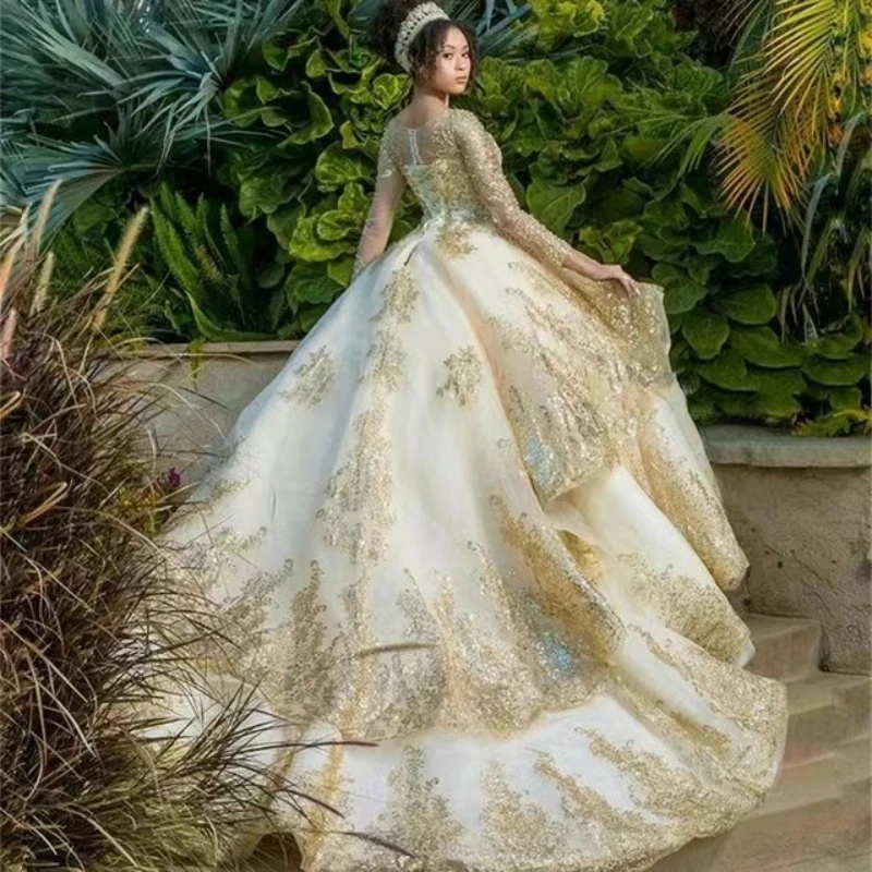 ANGELSBRIDEP Шампанское платье Quinceanera бальное с длинным рукавом блестящее аппликацией
