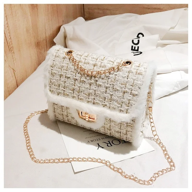 

Fashionable Wild Chain Women Handbags Winter Luxury Handbags Designer Small Women Messenger Bags Wool