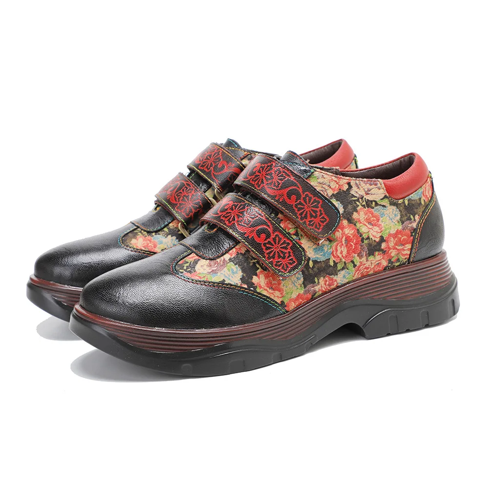 

YourSeason Ladies Vintage Shoes Spring Autumn Genuine Leather Patchwork Women Print Comfortable Casual Platform Flats Round Toe