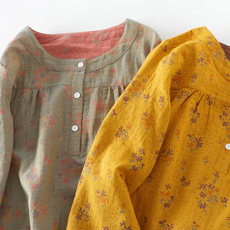 Pajamas Sets 2022 Autumn Cotton Gauze Jacquard Round Neck Small Floral Two-Color Pajamas Long Sleeve Trousers Women Sleepwear