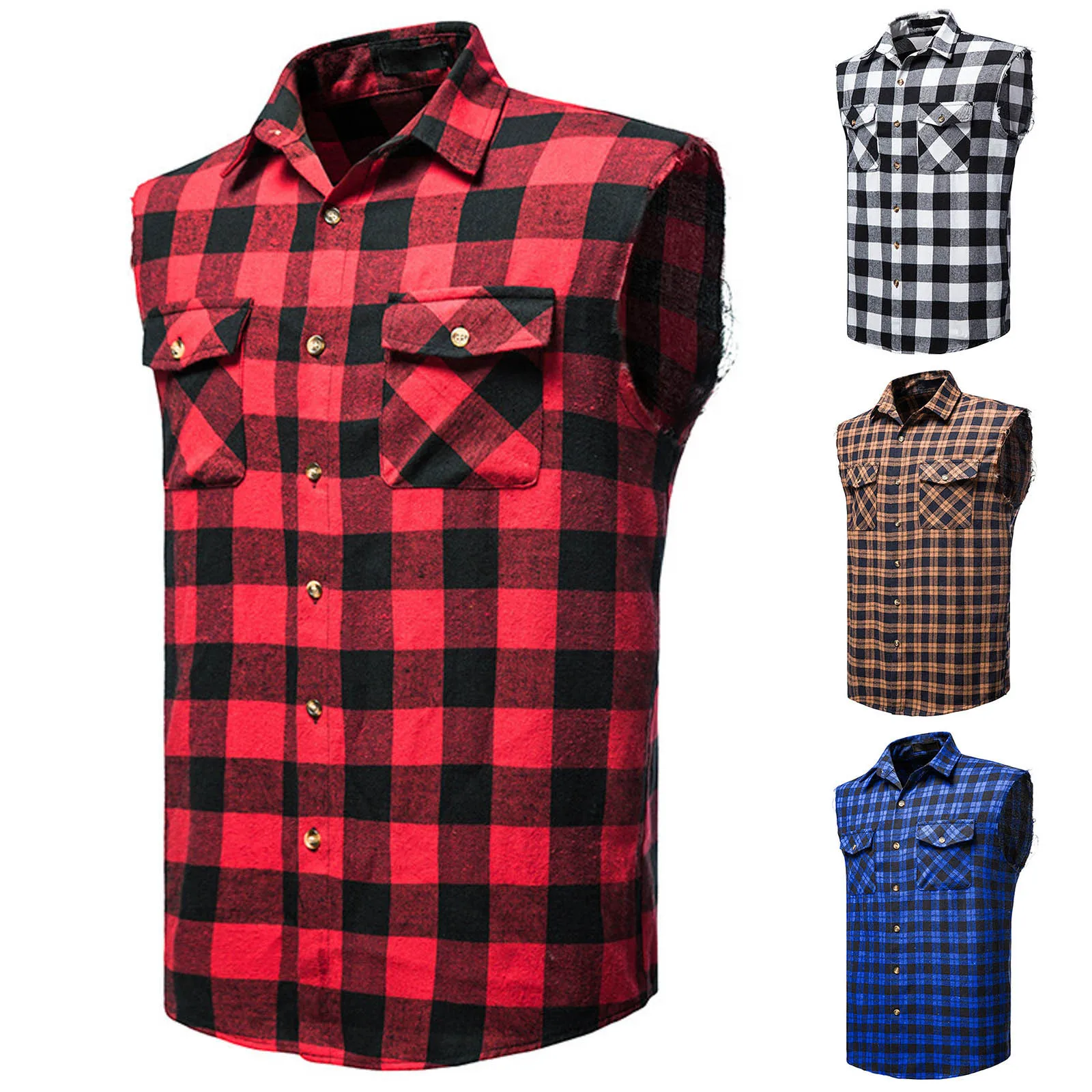 

Cotton Double Plaid Size Sleeveless Down Button Men's Top Pocket Checkered Vest Flannel Cowboy Shirts Men 2XL Casual Plus Shirt