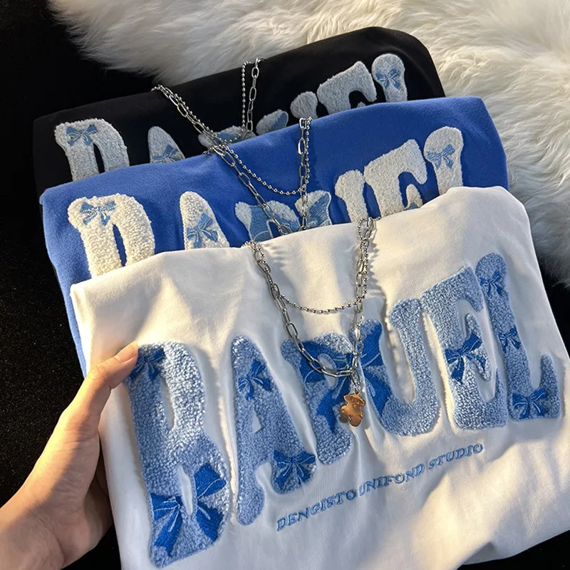 

Couple Short Sleeve T-Shirt Women Summer Flocking 3d Embroidery Letter Streetwear Women Men Top Casual Cotton Tees