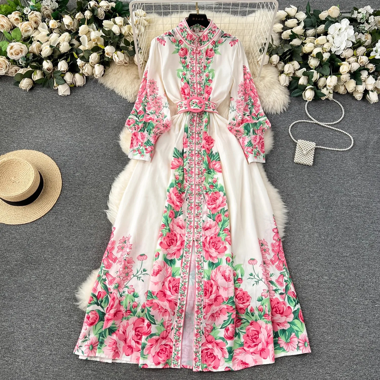 

Великолепное Праздничное Платье макси с цветочным принтом, новинка 2024, женское платье с воротником-стойкой, длинным рукавом-фонариком и поясом с цветочным принтом, платья 6580