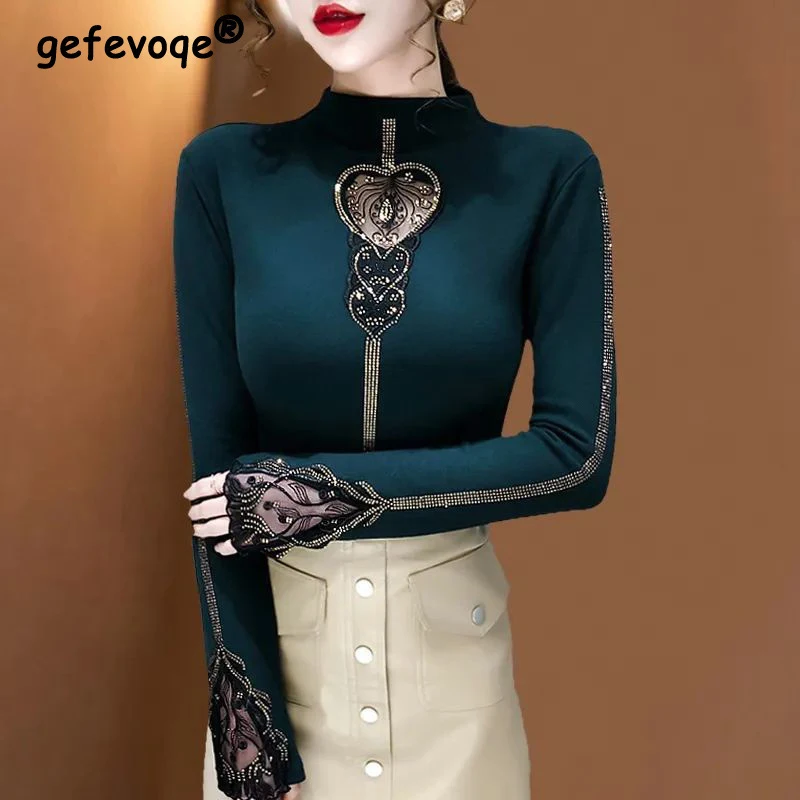 

Осенне-зимние сексуальные элегантные шикарные Ажурные кружевные Стразы с полувысоким воротом толстые теплые базовые Топы женские облегаю...