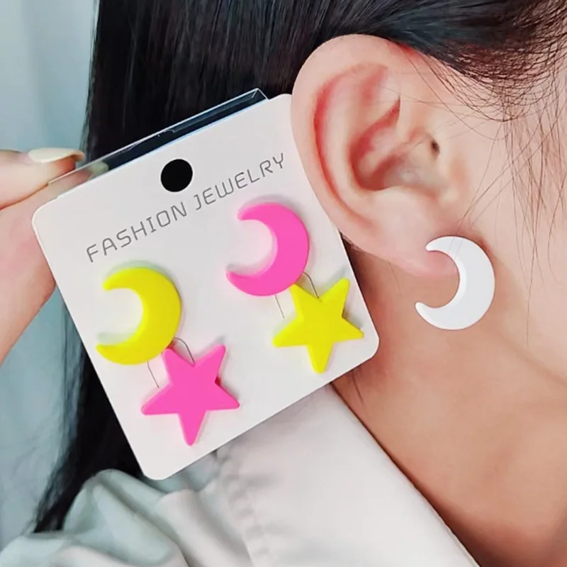 

4PCS/SET Candy Color Acrylic Moon Star Stud Earrings For Women Korean Sweet Lovely Pendientes Mujer