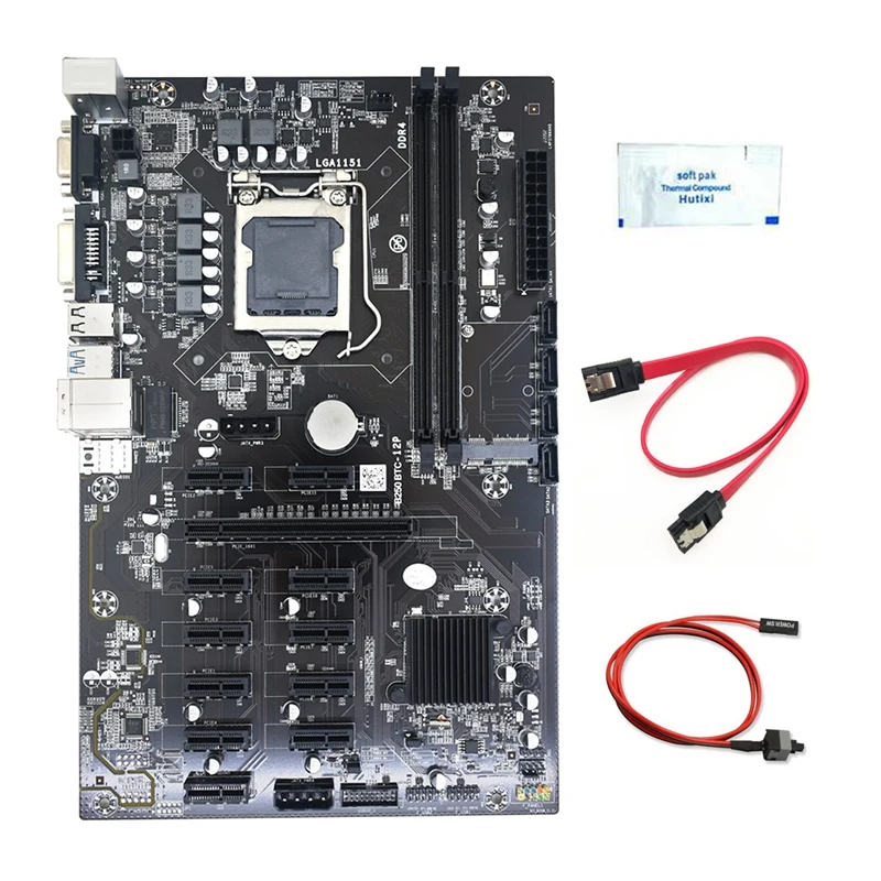 

B250B 12P BTC Mining Motherboard+Thermal Grease+Switch Cable+SATA Cable 12X PCIE LGA1151 DDR4 RAM Slot MSATA ETH Miner
