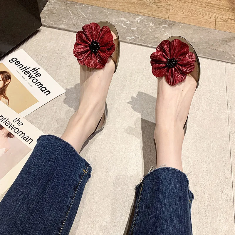 Ballet Flats Women Low Price Shoes With Flower PVC Jelly Sandals Summer 2023 Elegant Fashion Free Shipping Beach Ladies Slippers