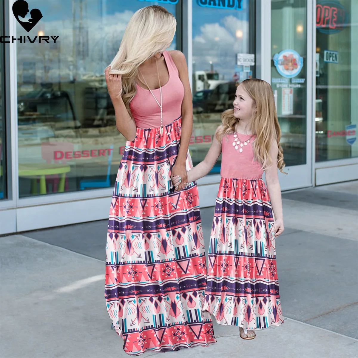 

New 2022 Mother Daughter Summer Dresses Sleeveless Flower Patchwork Sundress Mom Mommy and Me Maxi Dress Family Matching Outfits