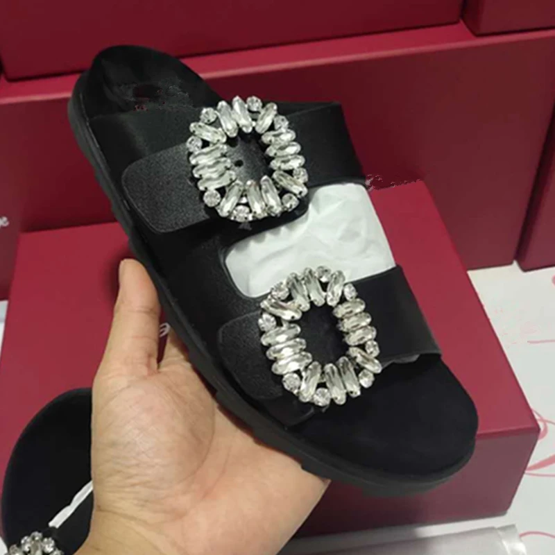 

New Crystal Woman Slippers 2022 Luxury Designer Brand Flip Flops Summer Outdoor Beach Female Sandals Genuine Leather Flat